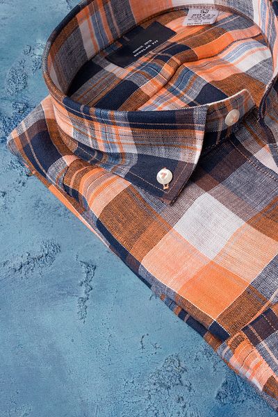 AKÇAYLAR Regular Fit 100% Raw Linen Collar Buttoned Plaid Pocket Summer Shirt