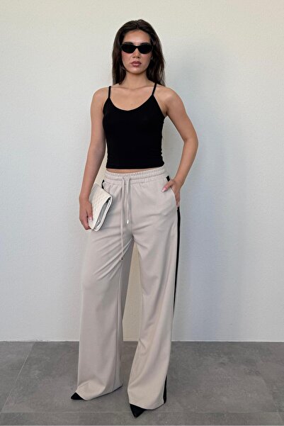 Madmext Bej Şerit Detaylı Bol Paça Kadın Pantolon MG2441