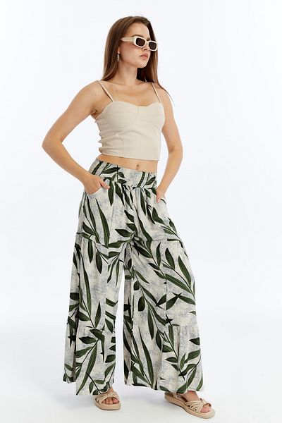 ESPOİRPLUS Women's Green Leaf Patterned Gathered Lycra Woven Trouser Skirt