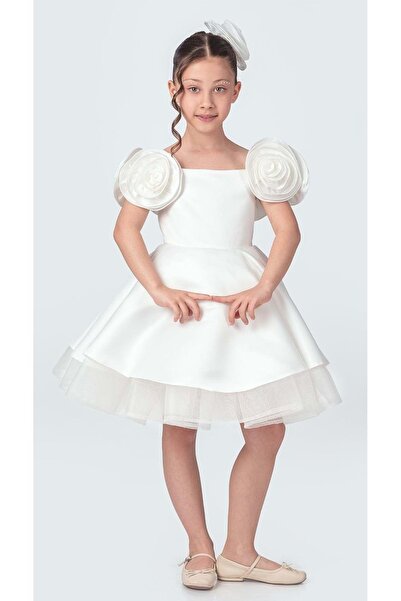 Mnk Baby&Kids Fanari Krep Saten Gren Destekli Kız Abiye M00735 EKRU