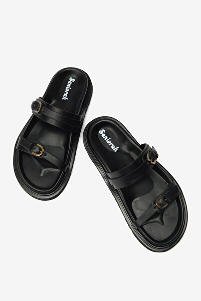 Seniorah Чорні тонкі жіночі капці з подвійною стрічкою