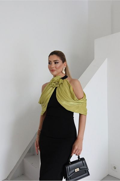 1Moda1Tarz Γυναικείο εισαγόμενο Scuba Crepe ύφασμα λαιμόκοψη Αξεσουάρ Yoryo Chiffon Scarf Λεπτομέρεια Επένδυση Προσαρμοσμένο Σχέδιο Φόρεμα