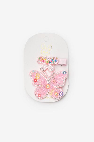 Le Mabelle Pink Sequin Butterfly Double Girl's Clip Buckle Set
