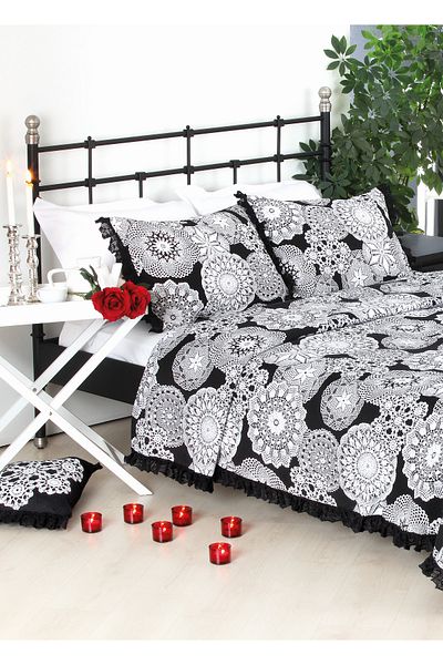 NEEA HOME Nesta Jacquard Woven Black Cream Lace Patterned Double Bedspread 260 X 260 cm