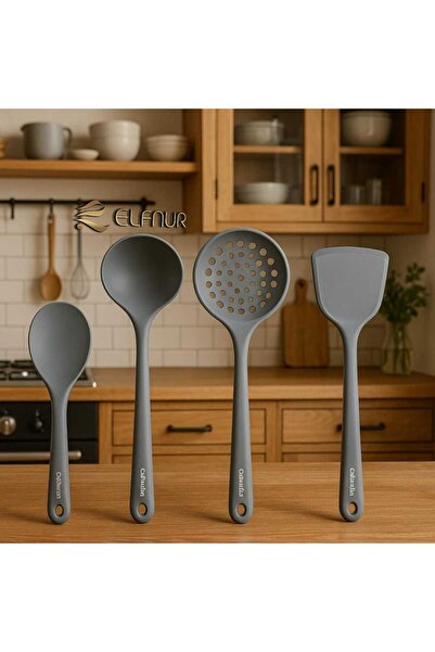 elfnur Hard Tip Heat Resistant Silicone Colander Spatula Ladle Spoon Set 4Pcs Black