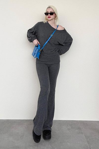 Madmext Anthracite Blouse Trousers Double Set Mg2289