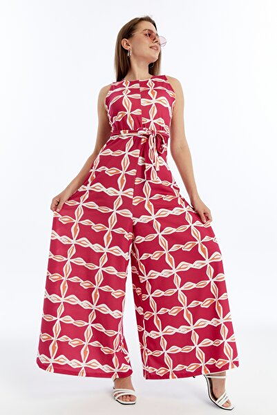 ESPOİRPLUS Pink Pattern Spanish Belted Wide Leg Jumpsuit with Pockets