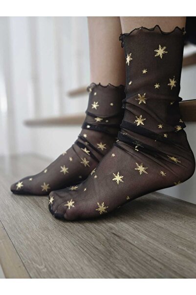 DİLARRA Boutique Черни тюлени чорапи със златен детайл със снежинка
