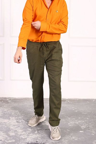 Tam12den Home Men's Linen Trousers - Khaki, Elastic Waist and Laced