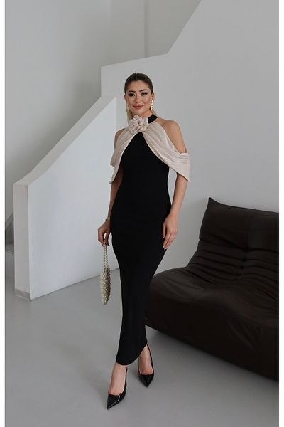 1Moda1Tarz Γυναικείο εισαγόμενο Scuba Crepe ύφασμα λαιμόκοψη Αξεσουάρ Yoryo Chiffon Scarf Λεπτομέρεια Επένδυση Προσαρμοσμένο Σχέδιο Φόρεμα