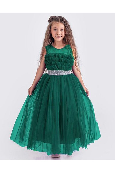 Mnk Baby&Kids Green Satin Evening Dress - Sapes Model, Back Guipes and Tulle, Girls Sling Mnk0618