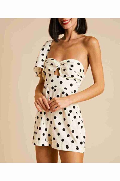 RİGALA Ekru One-Sleeve Black Polka Dot Shorts Jumpsuit