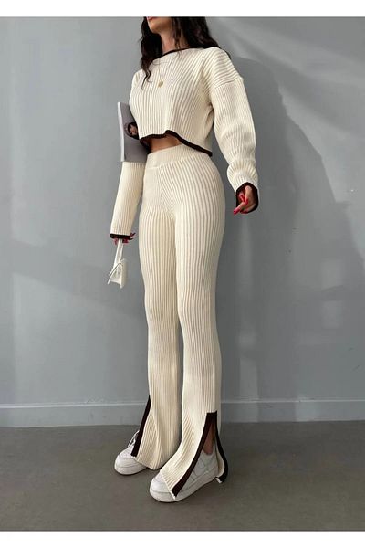 NZL TEKSTİL Dgn's 2-Piece Crop-Pants Suit with Line Detail