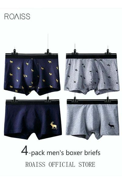 ROAISS 4 Pack Set Men's 95% Cotton Boxers Shorts Briefs Breathable Soft Underpants Summer High Elastic Clas