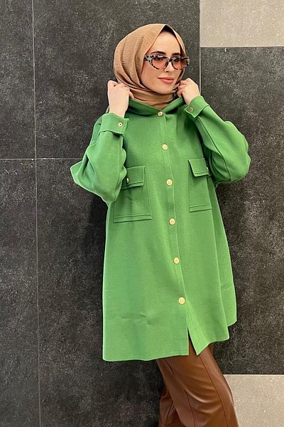 Ghisa 3639-23k Double Covered Pocketed Goal Buttoned Knitwear Cardigan