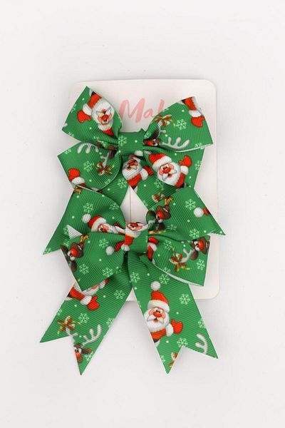 Le Mabelle Green Santa Claus Patterned 2-Piece Girl's Bow Clip Buckle