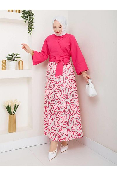 moda periy Women's Summer Seasonal Style Side Tie Tunic Patterned Skirt Suit Hijab Combination