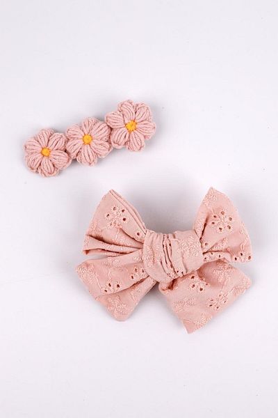 Le Mabelle Flower Patterned Dried Rose Scallop Bow Knit - 2-piece Clip Buckle