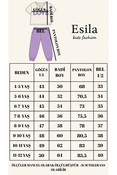 ESİLA KİDS Girl's Tracksuit Set Combed Cotton Short Sleeve Printed Top and Elastic Leg Bottom with Pockets 10-13 Years