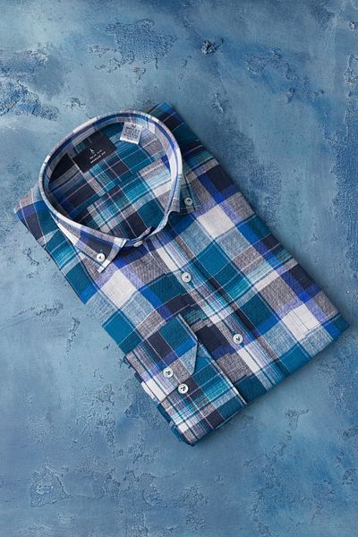 AKÇAYLAR Regular Fit 100% Raw Linen Collar Buttoned Plaid Pocket Summer Shirt