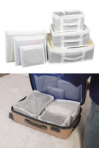 Helen's Home Set of 6 Suitcase Organizer Suitcase Organizer Travel Set Gray Striped