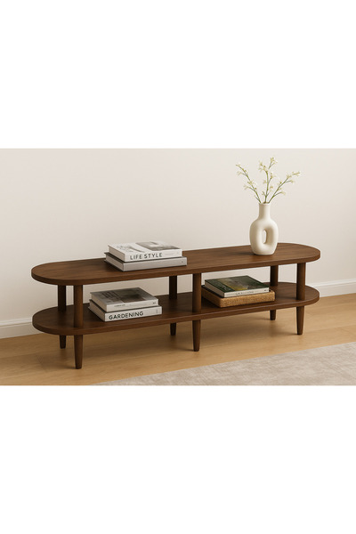 Trihome Kayın Masif Ahşap Oval TV Ünitesi -160x38cm – Modern 2 Katlı Raflı Tasarım Masif TV Ünitesi