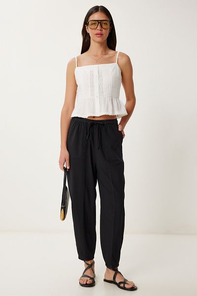 Lovelyİstanbul Striped Comfortable Linen Baggy Trousers Black Lmx0080