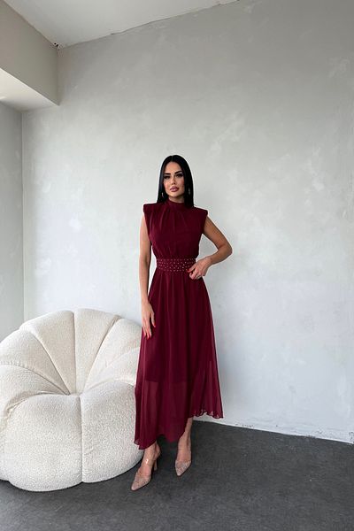 Neşeli Butik Women's Cummerbund Stone Detailed Midi Chiffon Dress Nbmy3509