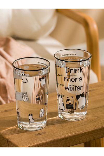LC Waikiki Lcw Home 2-Pack 570 ml Cat Printed Black Water Glass