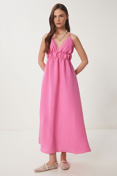 Lovelyİstanbul Rochie de vară din popelin cu spate decoltat ROZ ÎNCHIS LDP0043