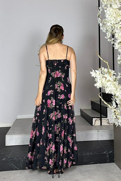 gesmoda G1423 Rochie din șifon cu bretele cu imprimeu floral negru