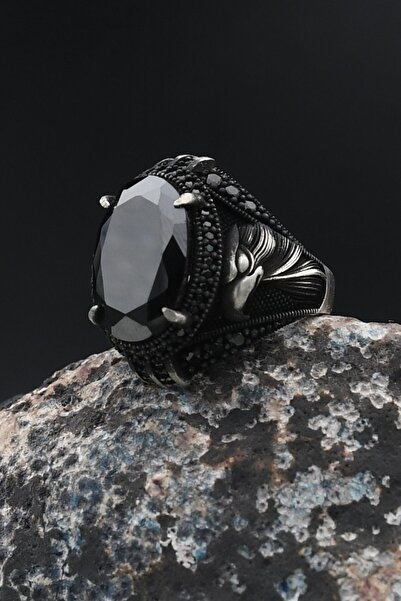 Prestige Gümüş Erkek Yüzük Siyah Zirkon Taşlı Kartal Figürlü