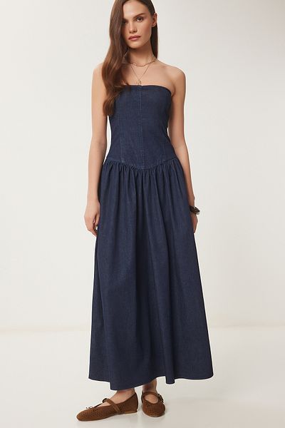 Lovelyİstanbul Rochie midi din denim fără bretele ALBASTRU ÎNCHIS LNS0039