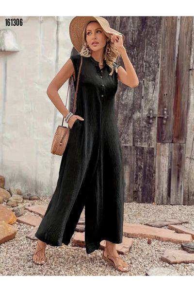 Modayakamoz Women's Wrinkled Long Jumpsuit, Short Sleeve, Buttoned Front to Leg, Wide Pockets