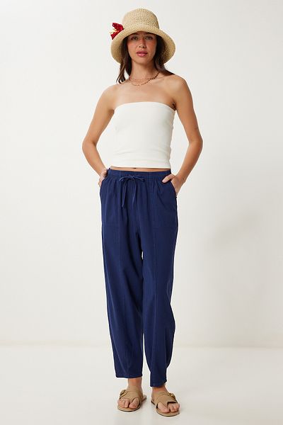 Lovelyİstanbul Striped Comfortable Linen Shalwar Trousers Dark Blue Lmx0080