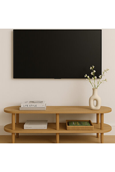Trihome Kayın Masif Ahşap Oval TV Ünitesi -160x38cm – Modern 2 Katlı Raflı Ta...