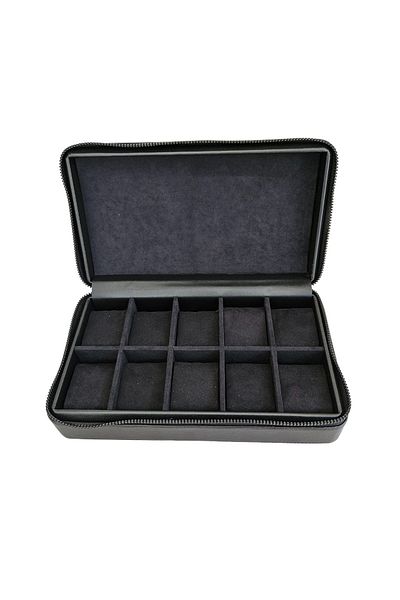 ÖZER KUTU Leather 10 Piece Watch Bag with Zipper (Black)