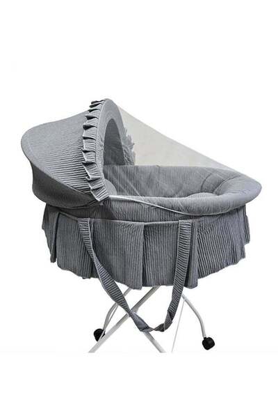 BabyCara Cradle Cotton Fabric Newborn Baby Bed With Foldable Iron Stand With Mosquito Net Grey