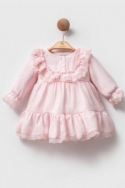 Cassiope Lace Detailed Long Sleeve Muslin Cotton Ruffled Elegant Eid Baby Girl Dress
