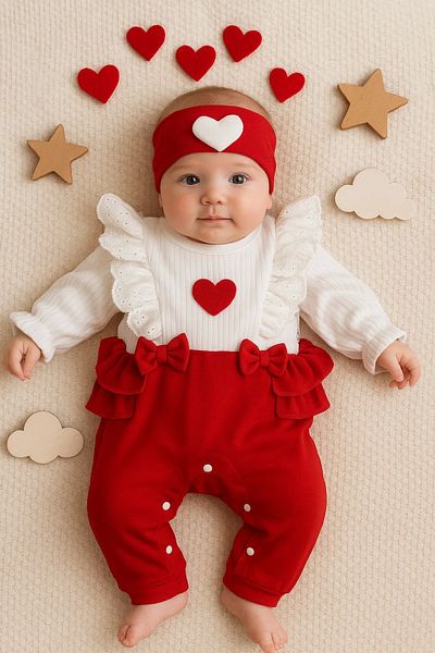 Babydonat Heart Patterned Ruffle Detailed 100% Cotton Baby Girl Romper