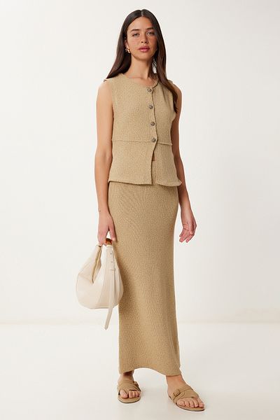 Lovelyİstanbul Stylish Buttoned Stretchy Knitwear Vest Skirt Set Sand Beige Ldp0047