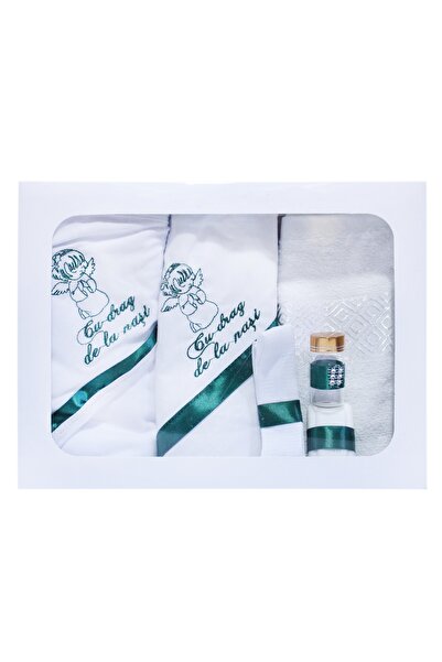 Recostore Trusou botez, alb-verde, cu ingeras brodat, 6 piese, REC273