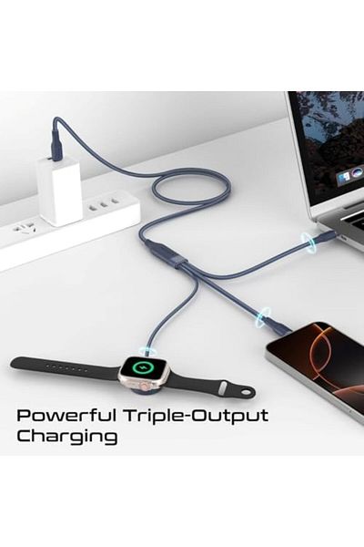 Promate كابل شحن متعدد الأجهزة مع مخرجين USB-C PD100W، شاحن متوافق مع Apple Watch،