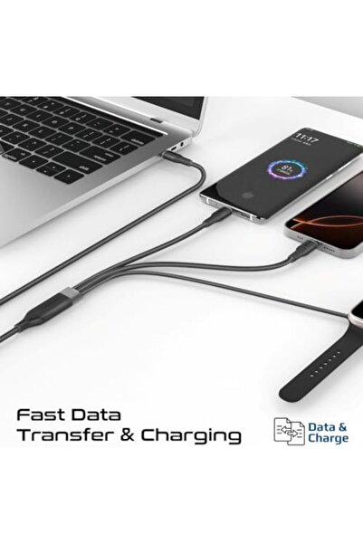 Promate كابل شحن متعدد الأجهزة مع مخرجين USB-C PD100W، شاحن متوافق مع Apple Watch،