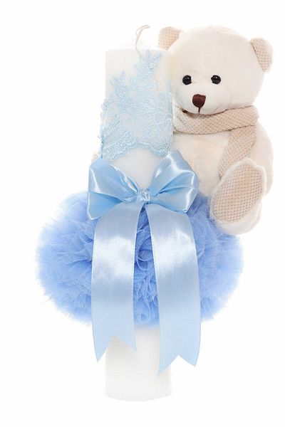 Recostore Lumanare botez cu tulle bleu si cu ursulet de plus atasat, 35x7 cm,REC1860