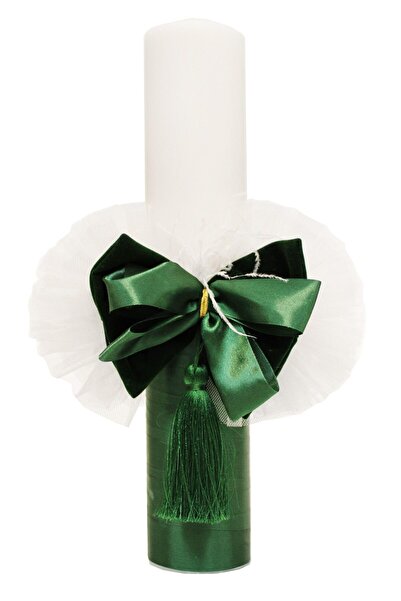 Recostore Lumanare botez alba cu papion verde, 40x6 cm, REC1327