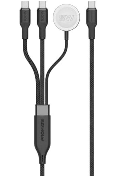 Promate كابل شحن متعدد الأجهزة مع مخرجين USB-C PD100W، شاحن متوافق مع Apple Watch،