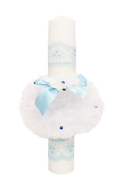Recostore Lumanare botez, cu fluturi, tulle alb si bleu, 40x6 cm, REC1259