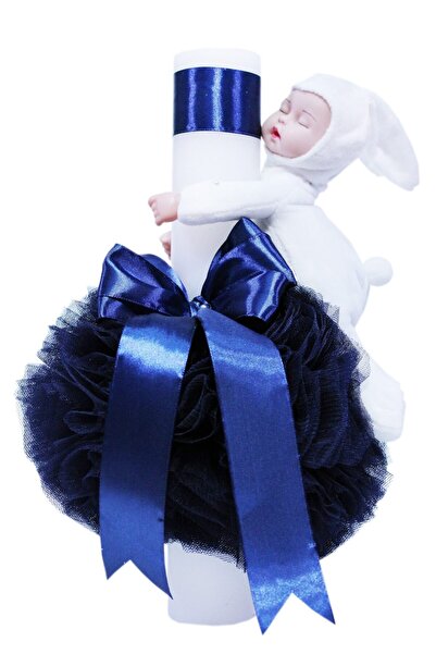 Recostore Lumanare bleumarin botez, cu iepuras alb, tulle albastru si funda, ...