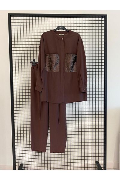Armine TREND Judge Collar Buttoned Chest Pocket Buttoned Tunic and Pipe Leg Fabric Trouser Top and Bottom Set